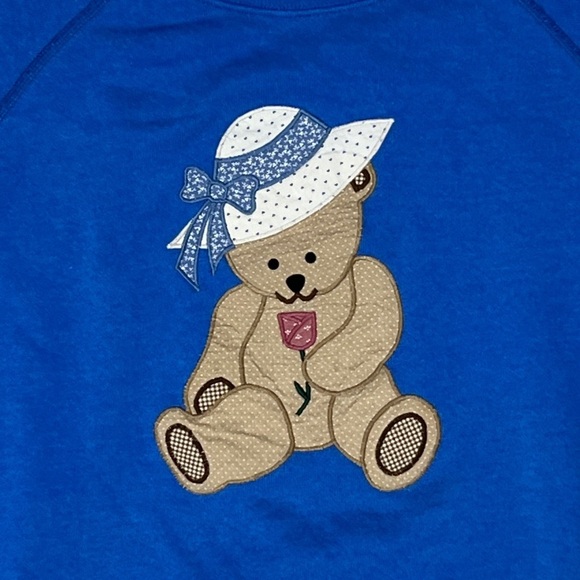 Vintage 1980s Bear with Hat 80s Blue Pullover Jumper Crewneck Sweatshirt - Picture 2 of 5